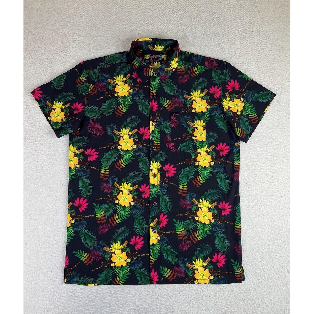 Retro Rifle Shirt Mens Large Black Tropics Floral Hawaiian S/S Button Up
